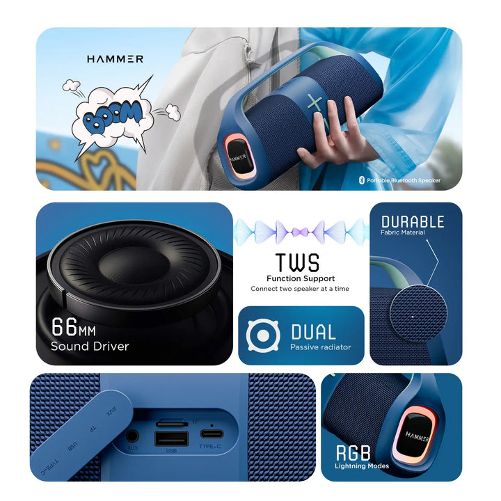 Hammer Boom 30W Bluetooth Speaker with RGB Lights and Dual Passive Radiators
