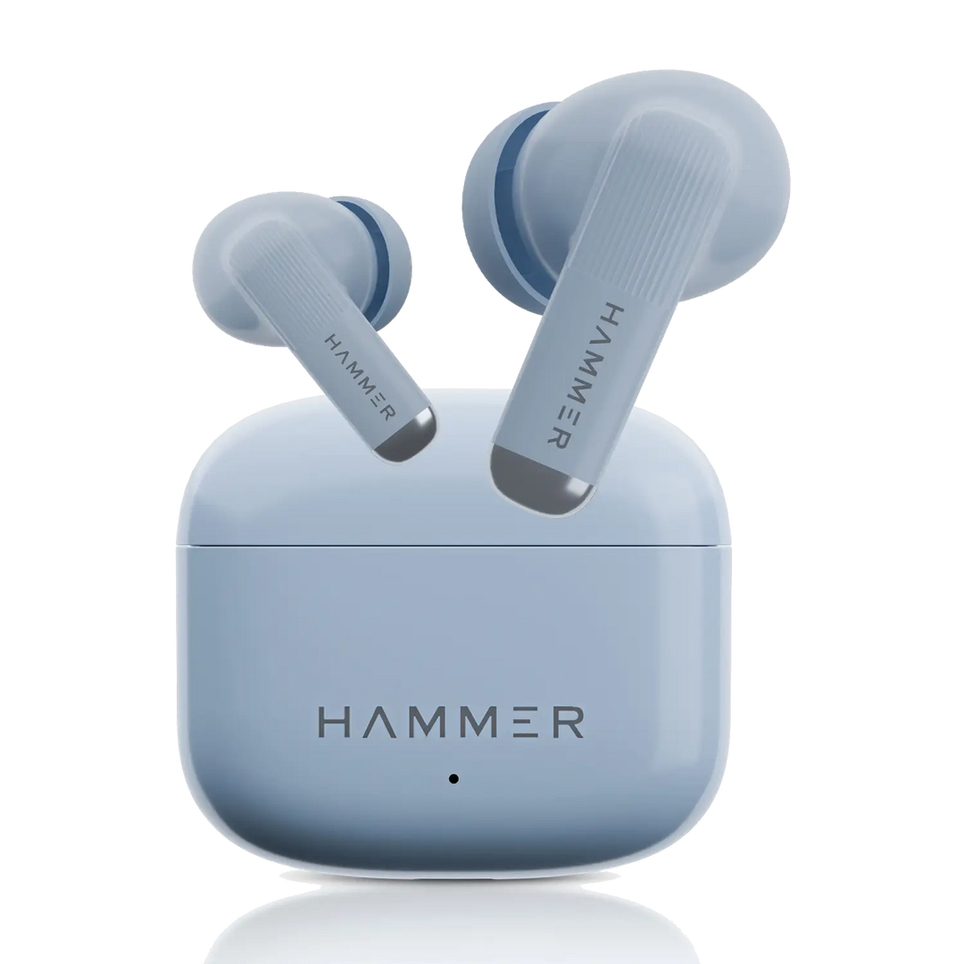 Blue wireless earbuds with charging case on a white background, featuring the 'HAMMER' brand.