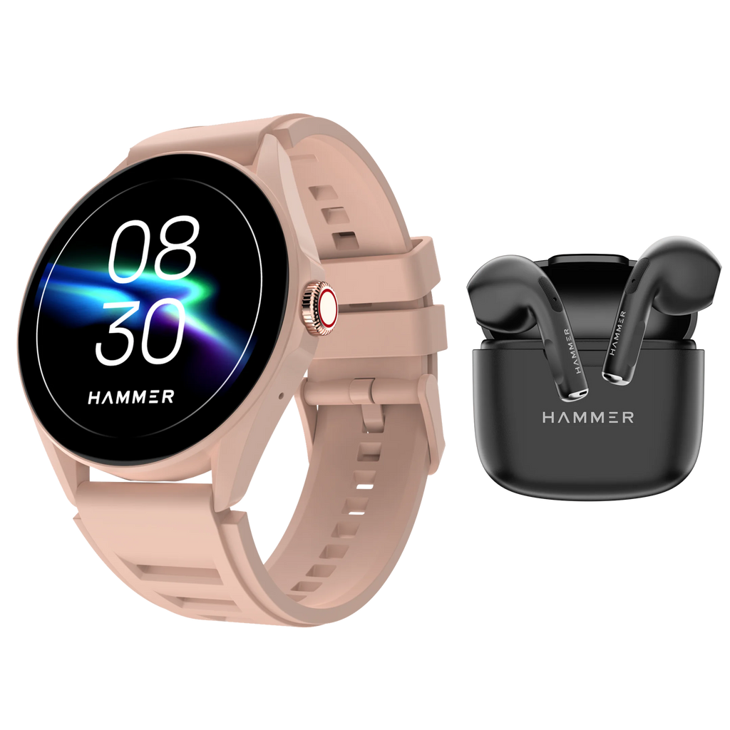 Hammer Cyclone Round Dial Bluetooth Smartwatch & KO Mini Bluetooth Earbuds (Combo)