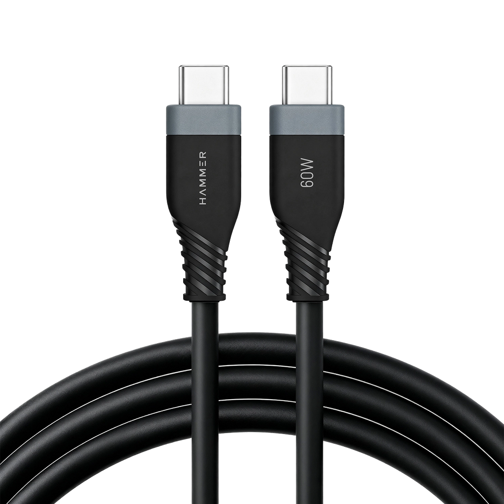 Hammer Type C to Type C Cable 60W Silicone Cable, Data Sync, Tangle Free, Compatible with all C-Type Devices (Black)