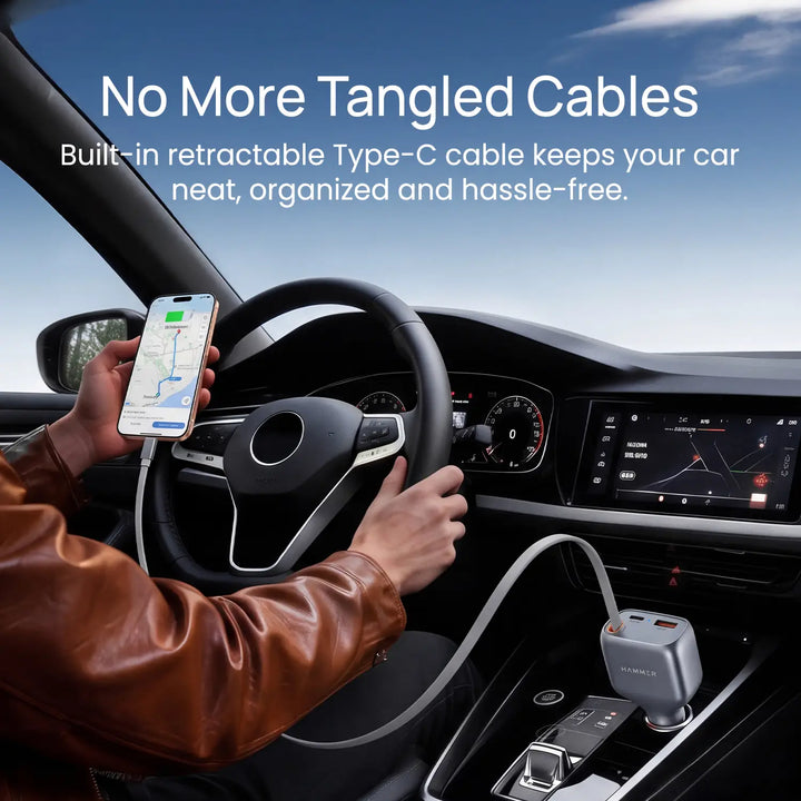 HAMMER 84W 3 in 1 Car Charger, 85 cm Retractable Cable (33W Type-C PD), Dual Port (18W USB Type-A & 33W Type-C) for Laptop, Android, iPhone, Earbuds