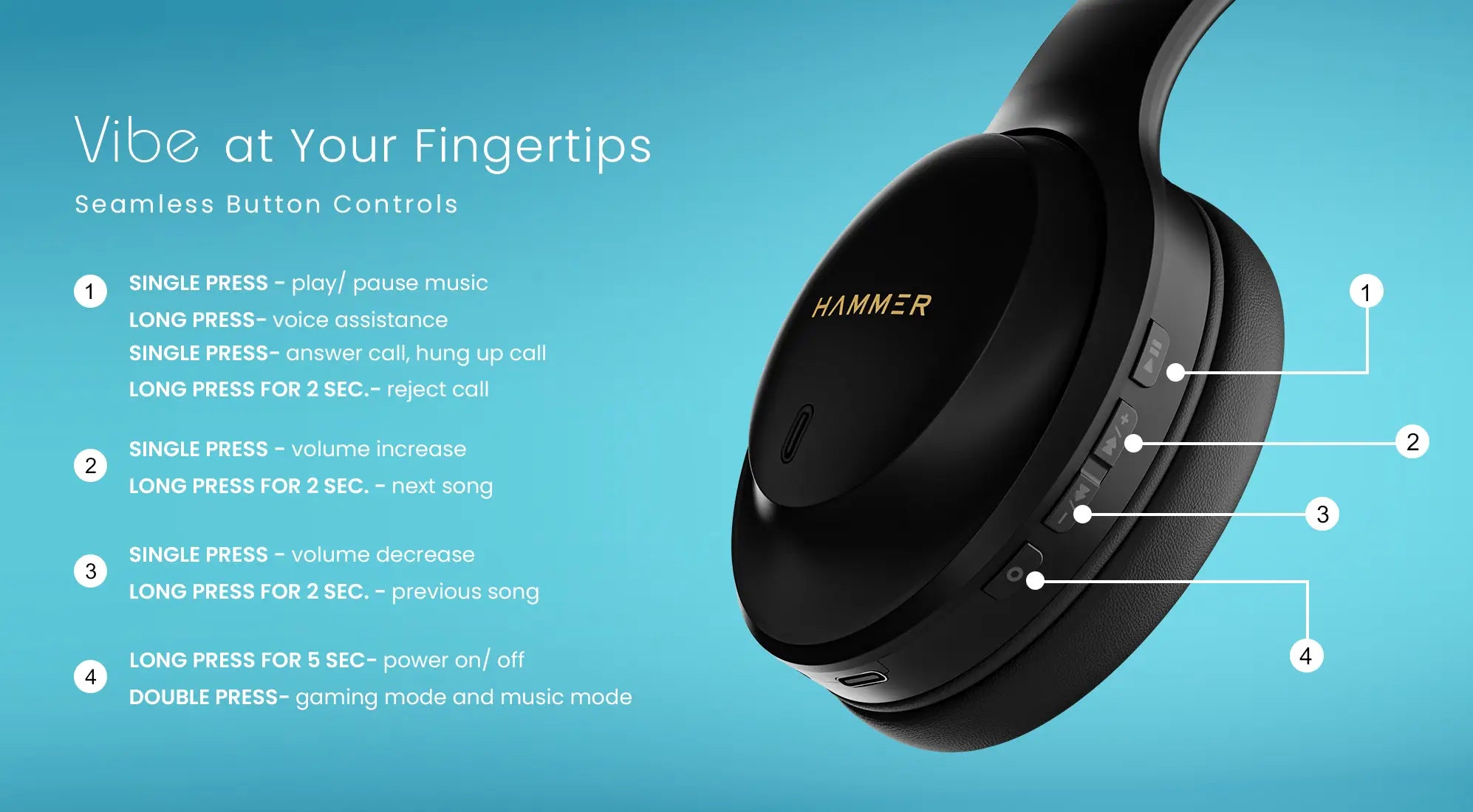 Hammer Vibe wireless bluetooth headphones with touch control