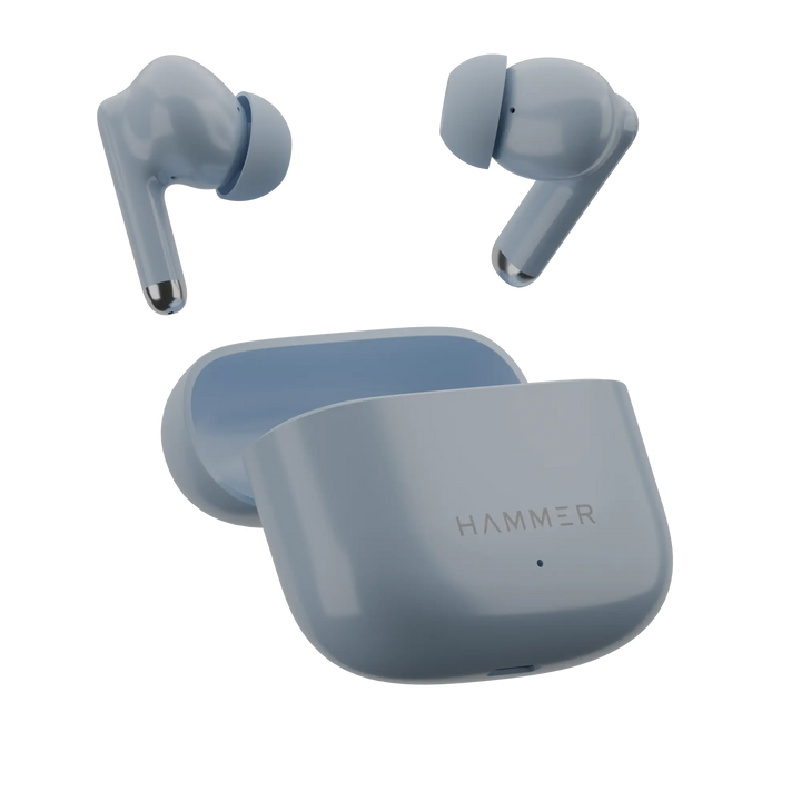 Blue wireless earbuds with charging case