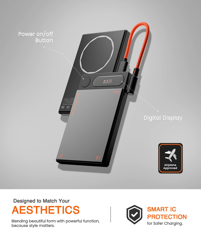Stylish MagSafe power bank with digital display, smart IC protection, and airplane approval.
