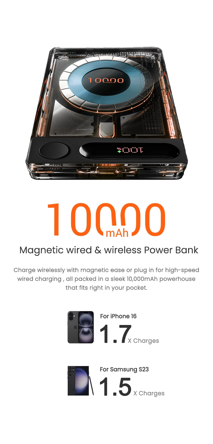 Sleek 10,000mAh magnetic power bank with fast wired and wireless charging options.