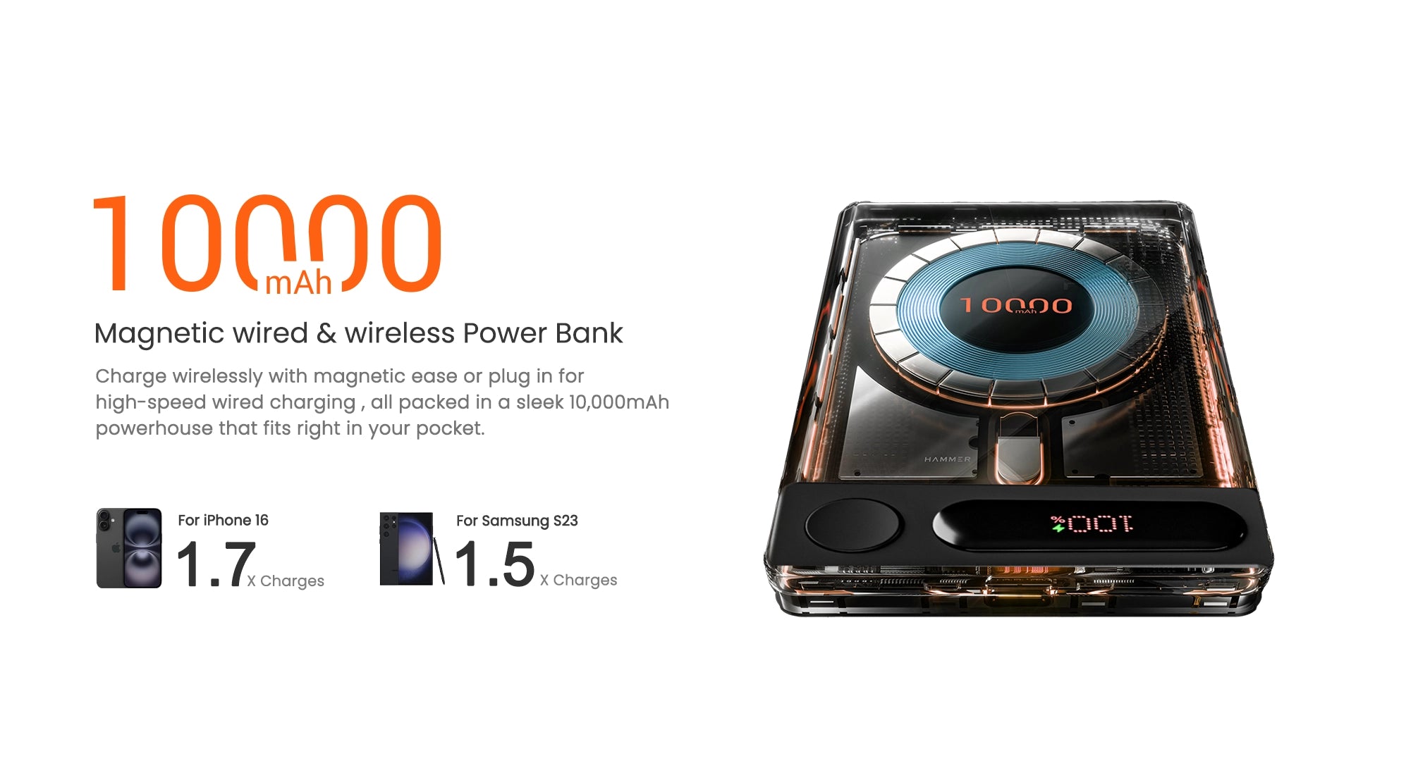 Sleek 10,000mAh magnetic power bank with fast wired and wireless charging options.