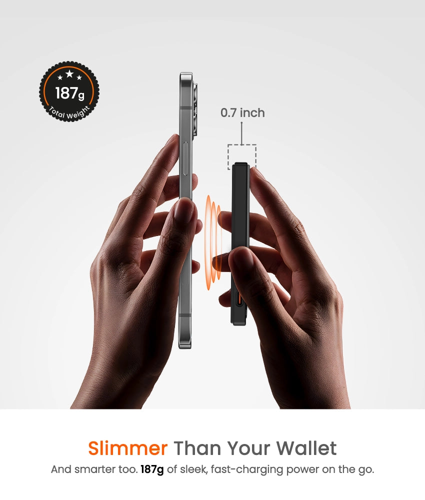 Ultra-slim 0.7-inch, 187g power bank for sleek, fast-charging convenience on the go.