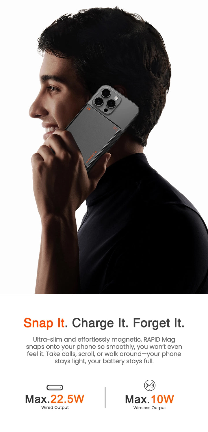 Ultra-slim magnetic power bank with 22.5W fast wired and 10W wireless charging.