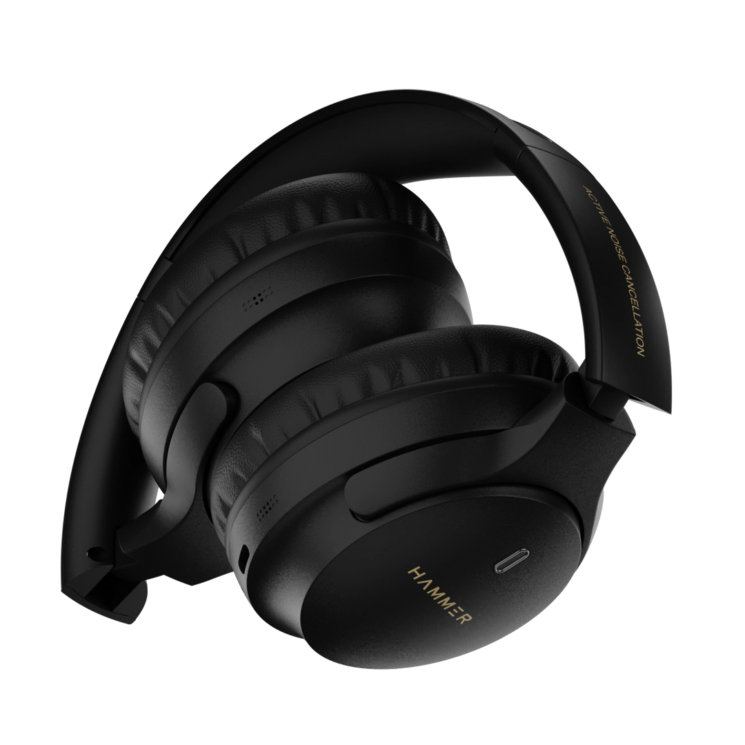 Hammer Bash Vivid ANC Wireless Bluetooth Over-Ear Headphones with 23 dB 70h Playtime, Type-C Fast Charging, Comfort Fit, Foldable Black