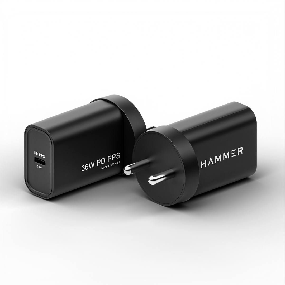 Hammer 36W Fast GaN Charger, iPhone 0 to 50% in 30mins, Dual USB-C, Compatible with iPhone, Samsung Mobiles & Laptop, 2 Yr Warranty, With C to C Cable (Black)