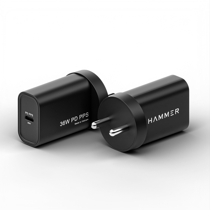 Hammer 36W Fast GaN Charger, iPhone 0 to 50% in 30mins, Dual USB-C, Compatible with iPhone, Samsung Mobiles & Laptop, 2 Yr Warranty, With C to C Cable (Black)