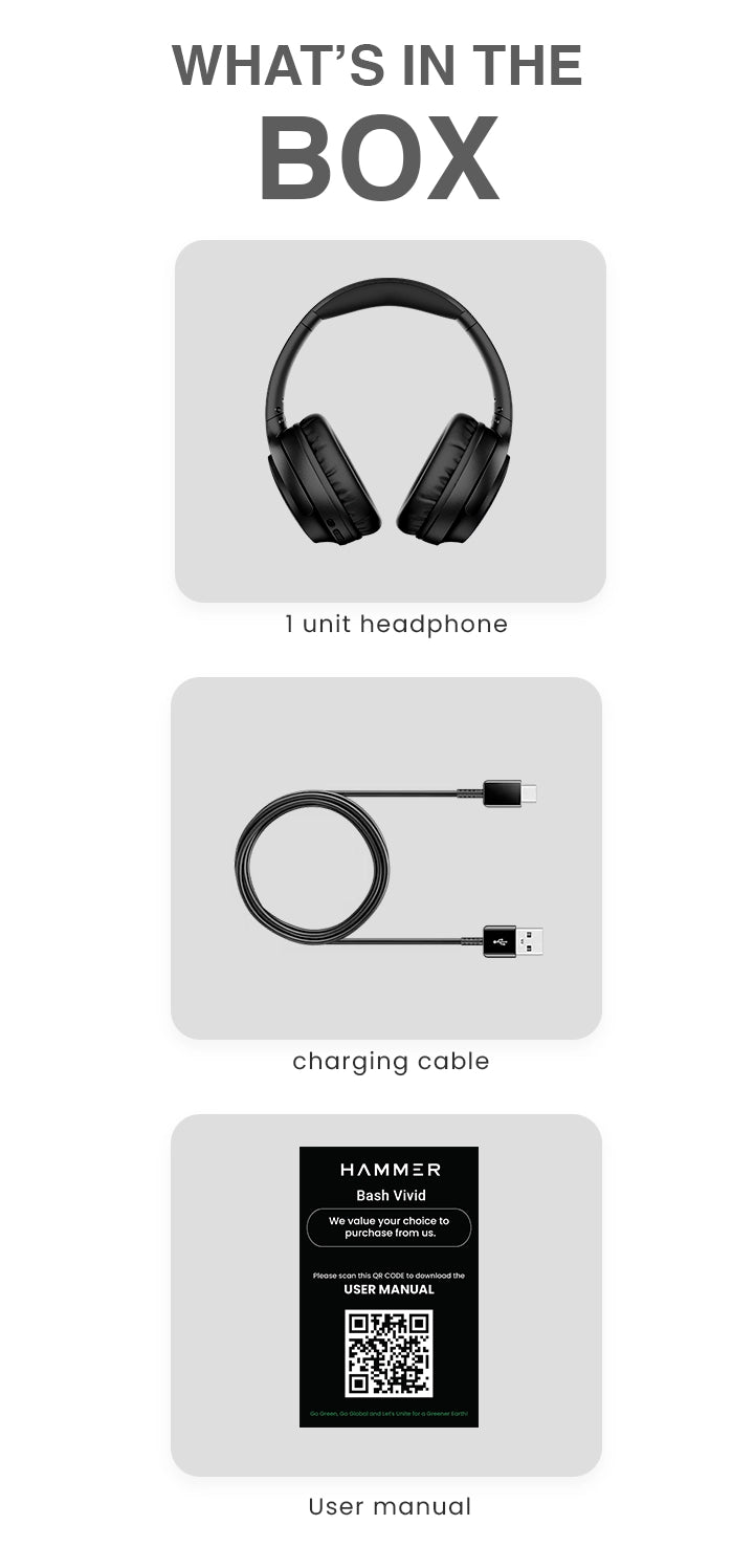 Vivid Black in the Box - headphones, charging cable, and user manual on a white background