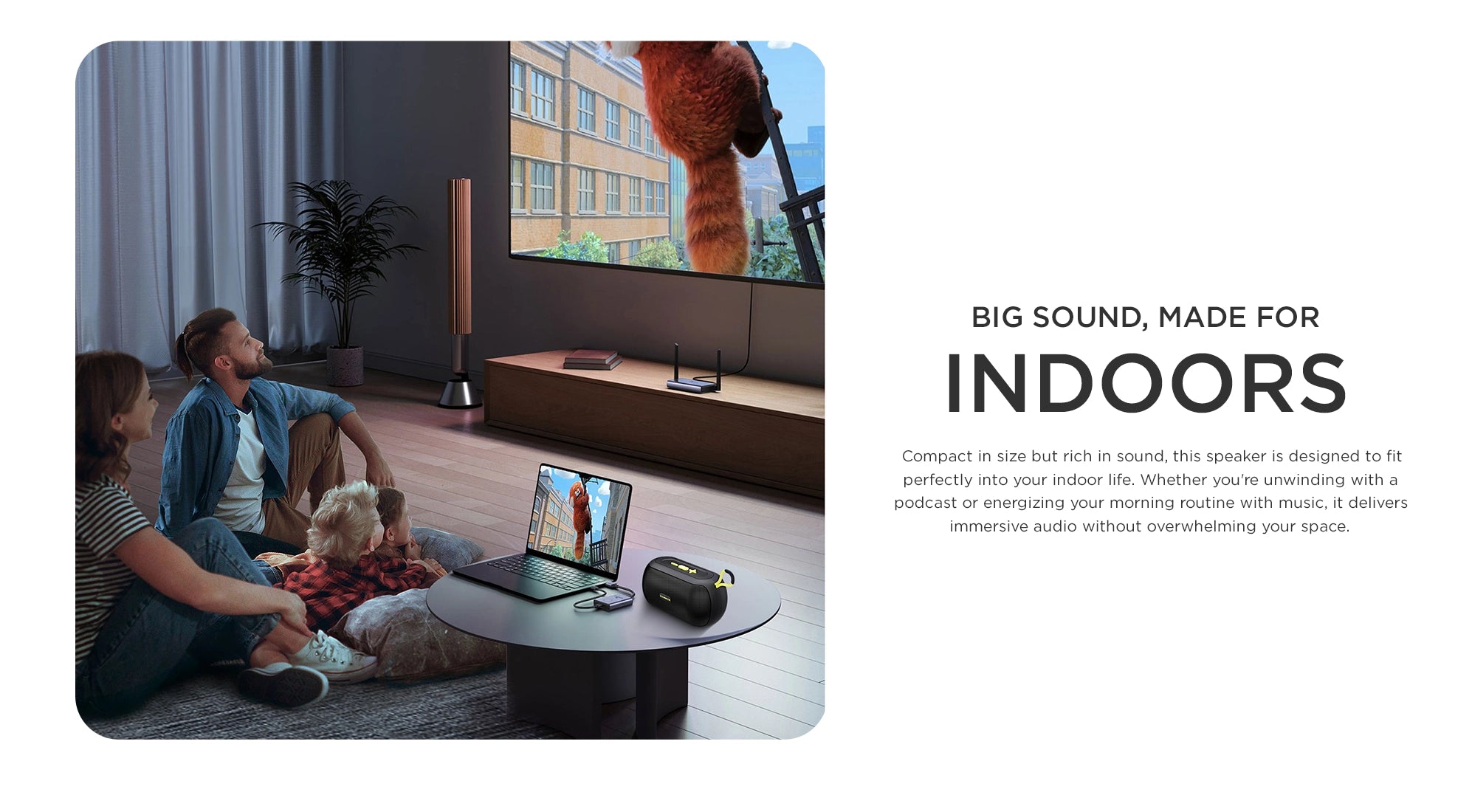 Compact indoor speaker delivering rich, immersive audio for music, podcasts, and daily routines.