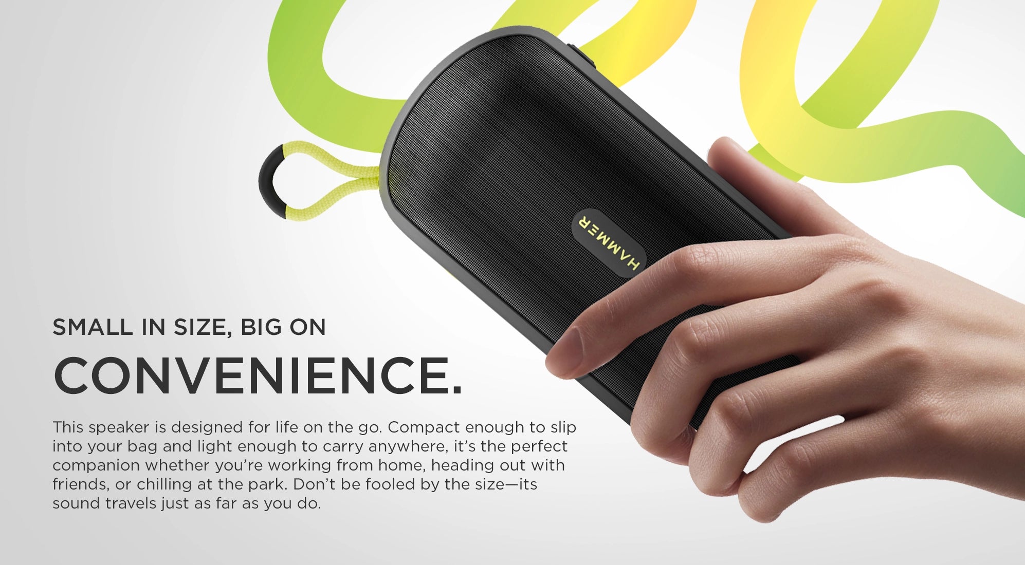 Compact portable speaker, lightweight design with powerful sound for travel, work, or leisure.