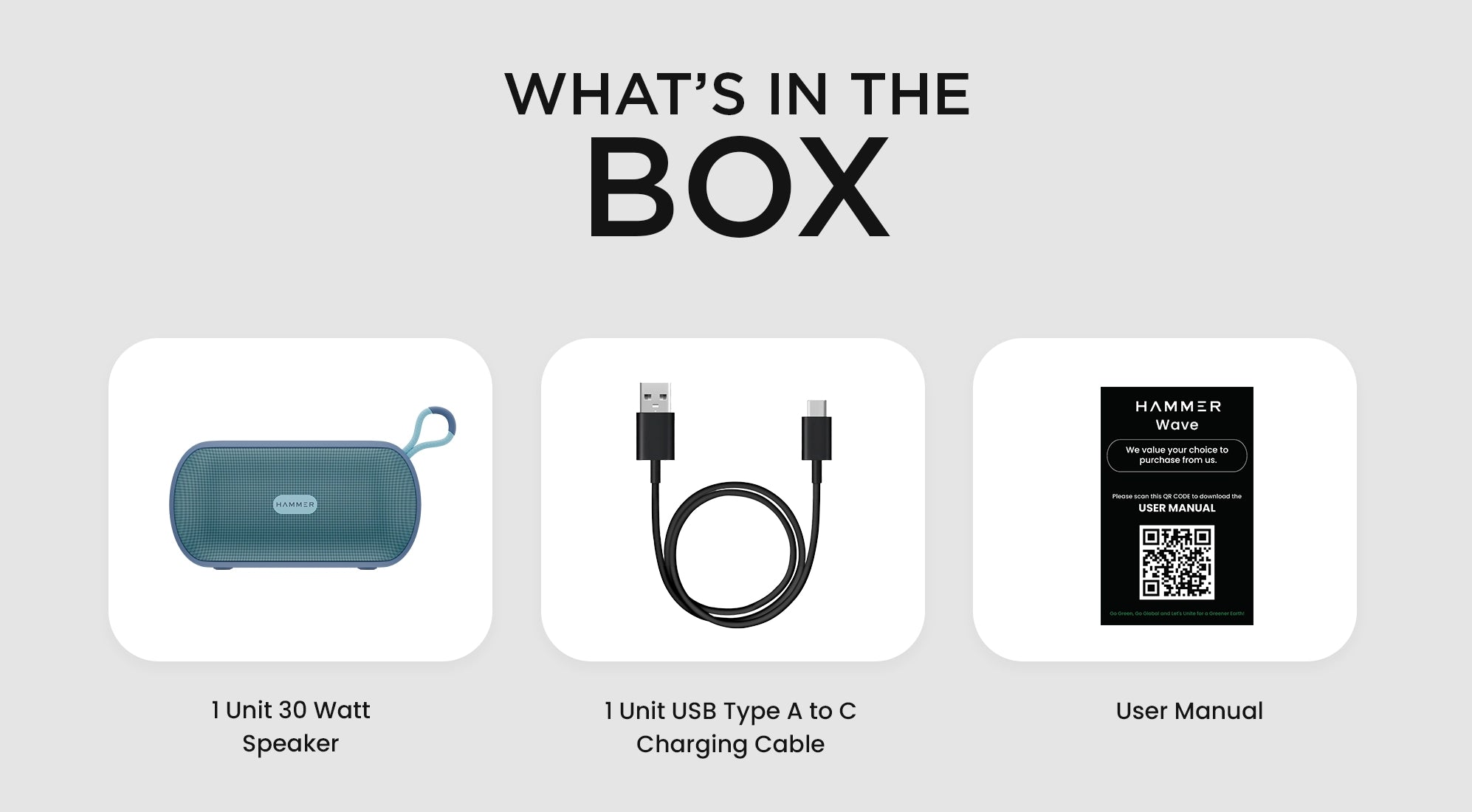Package includes 10W speaker, USB Type-A to C charging cable, and user manual.