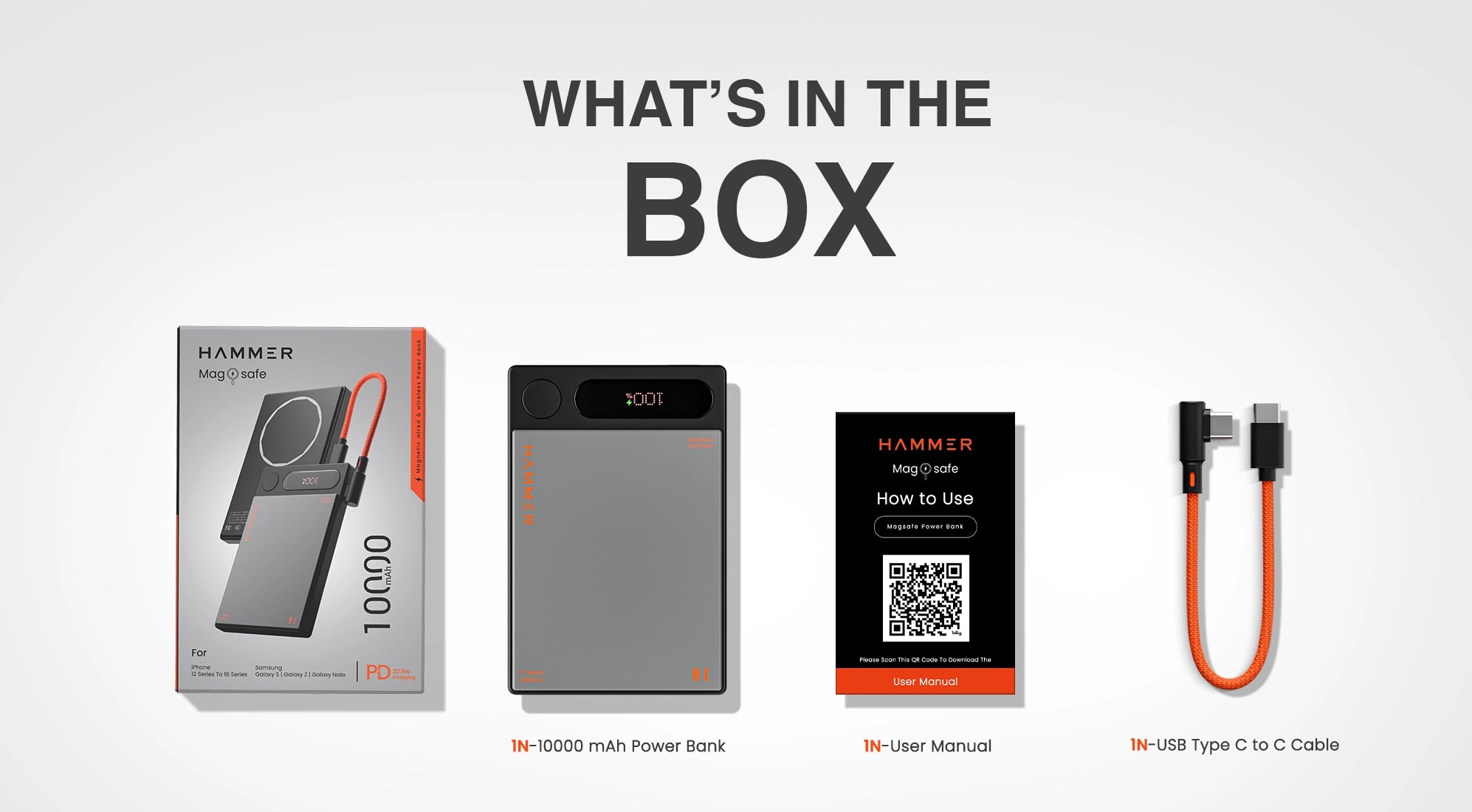 Package includes 10,000mAh MagSafe power bank, USB-C cable, and user manual