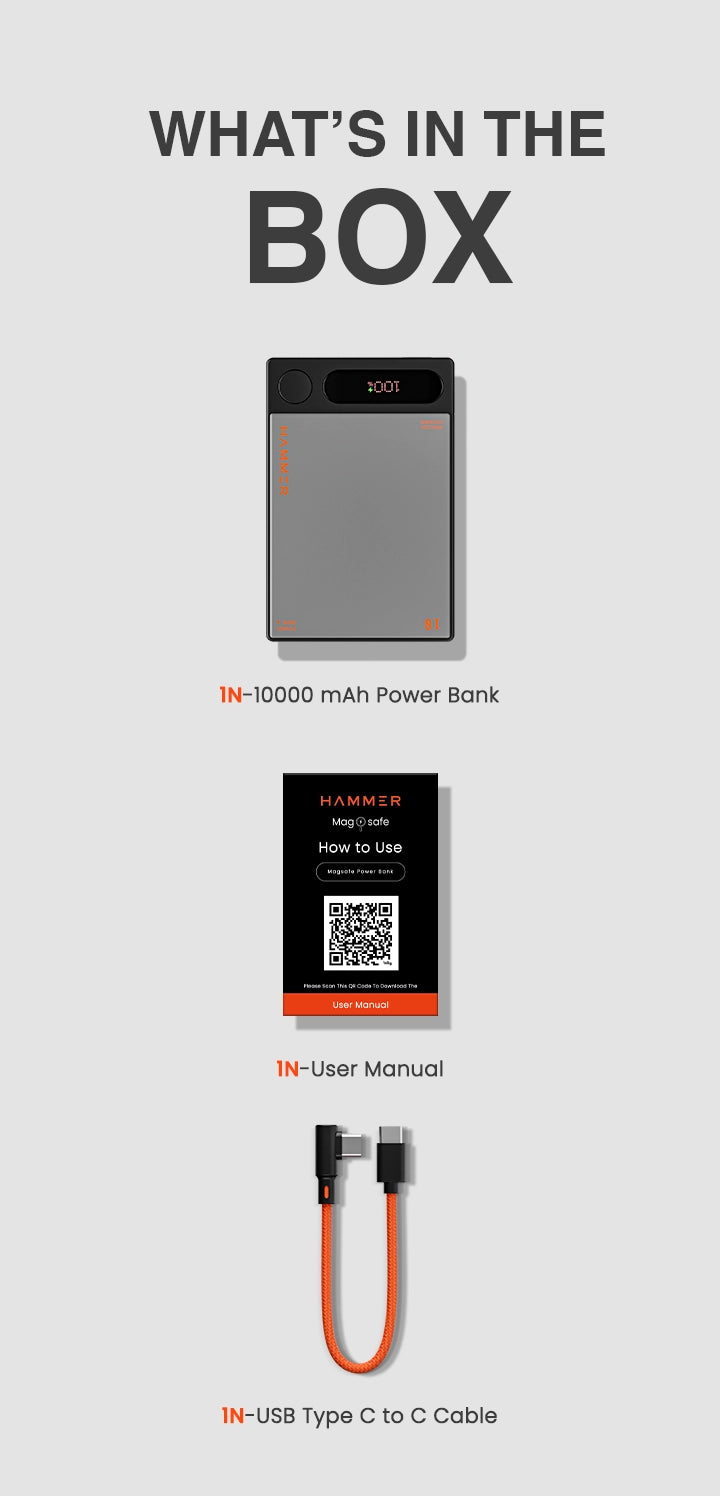 Package includes 10,000mAh MagSafe power bank, USB-C cable, and user manual.