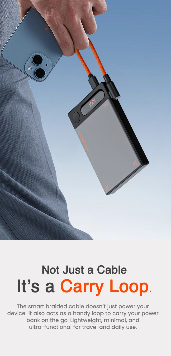 Not Just a cable - Braided cable doubles as a handy carry loop for portable, stylish power bank use