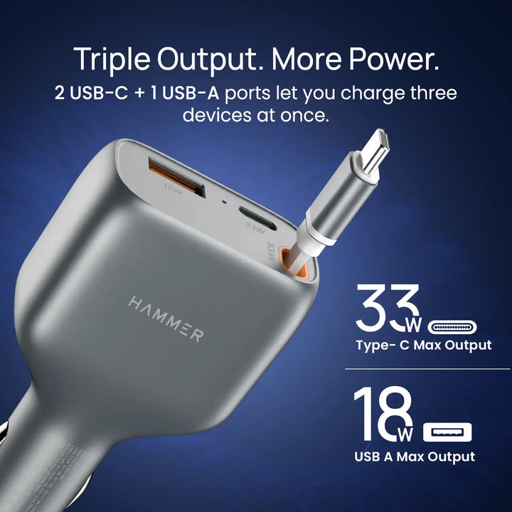 HAMMER 84W 3 in 1 Car Charger, 85 cm Retractable Cable (33W Type-C PD), Dual Port (18W USB Type-A & 33W Type-C) for Laptop, Android, iPhone, Earbuds