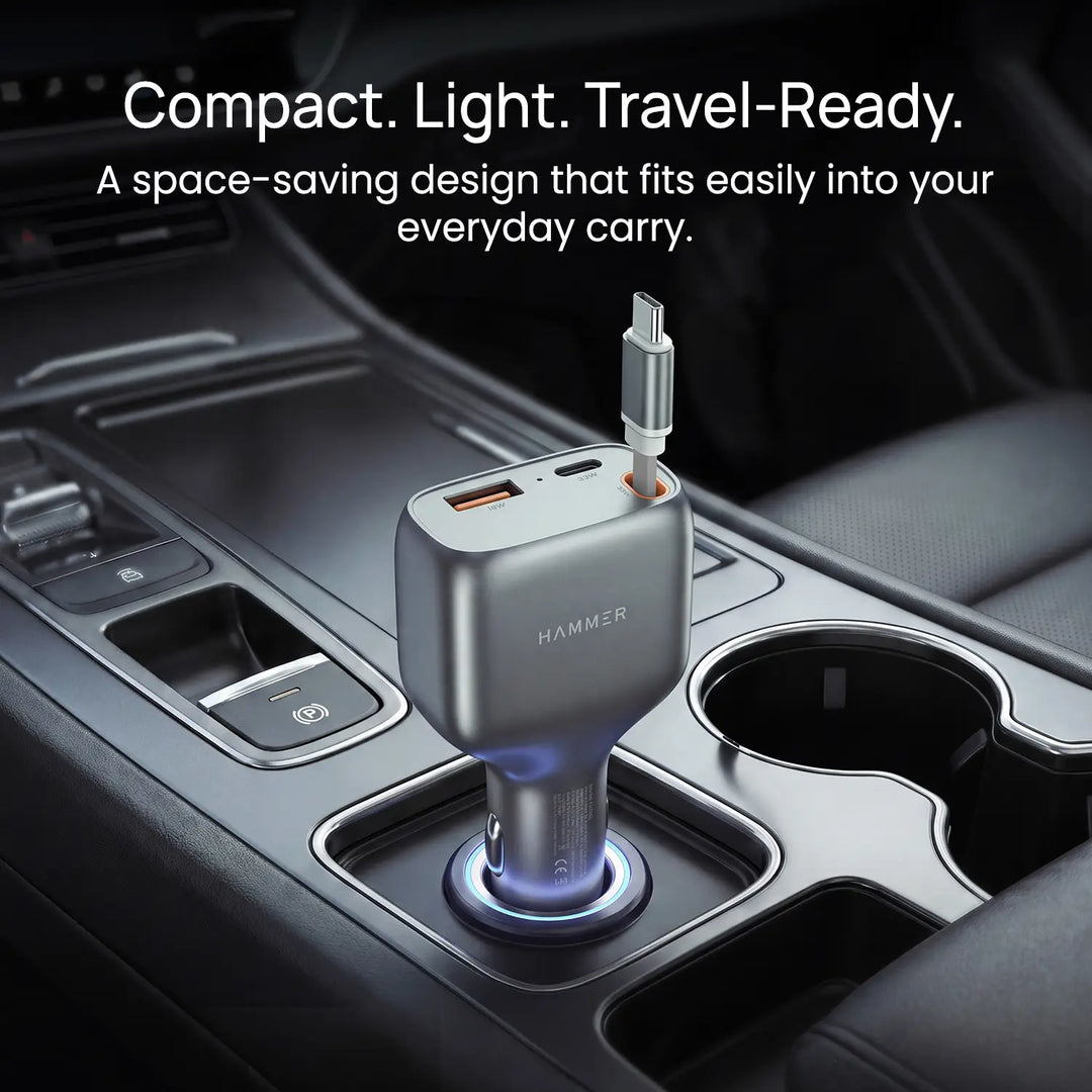 HAMMER 84W 3 in 1 Car Charger, 85 cm Retractable Cable (33W Type-C PD), Dual Port (18W USB Type-A & 33W Type-C) for Laptop, Android, iPhone, Earbuds
