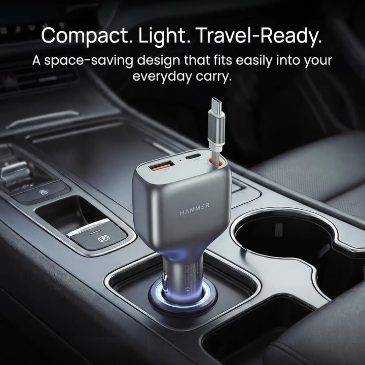 HAMMER 84W 3 in 1 Car Charger, 85 cm Retractable Cable (33W Type-C PD), Dual Port (18W USB Type-A & 33W Type-C) for Laptop, Android, iPhone, Earbuds