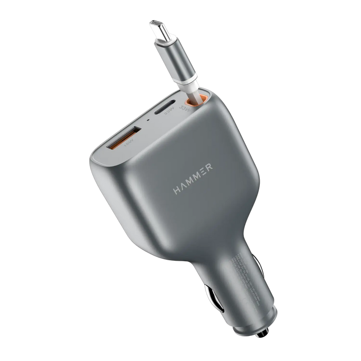 HAMMER 84W 3 in 1 Car Charger, 85 cm Retractable Cable (33W Type-C PD), Dual Port (18W USB Type-A & 33W Type-C) for Laptop, Android, iPhone, Earbuds