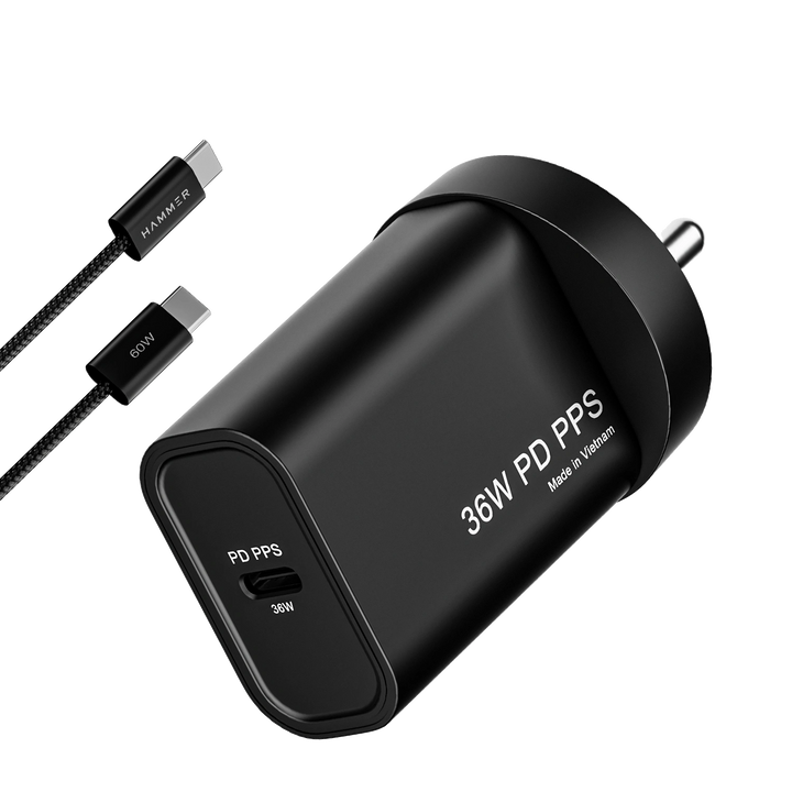 Hammer 36W Fast GaN Charger, iPhone 0 to 50% in 30mins, Dual USB-C, Compatible with iPhone, Samsung Mobiles & Laptop, 2 Yr Warranty, With C to C Cable (Black)
