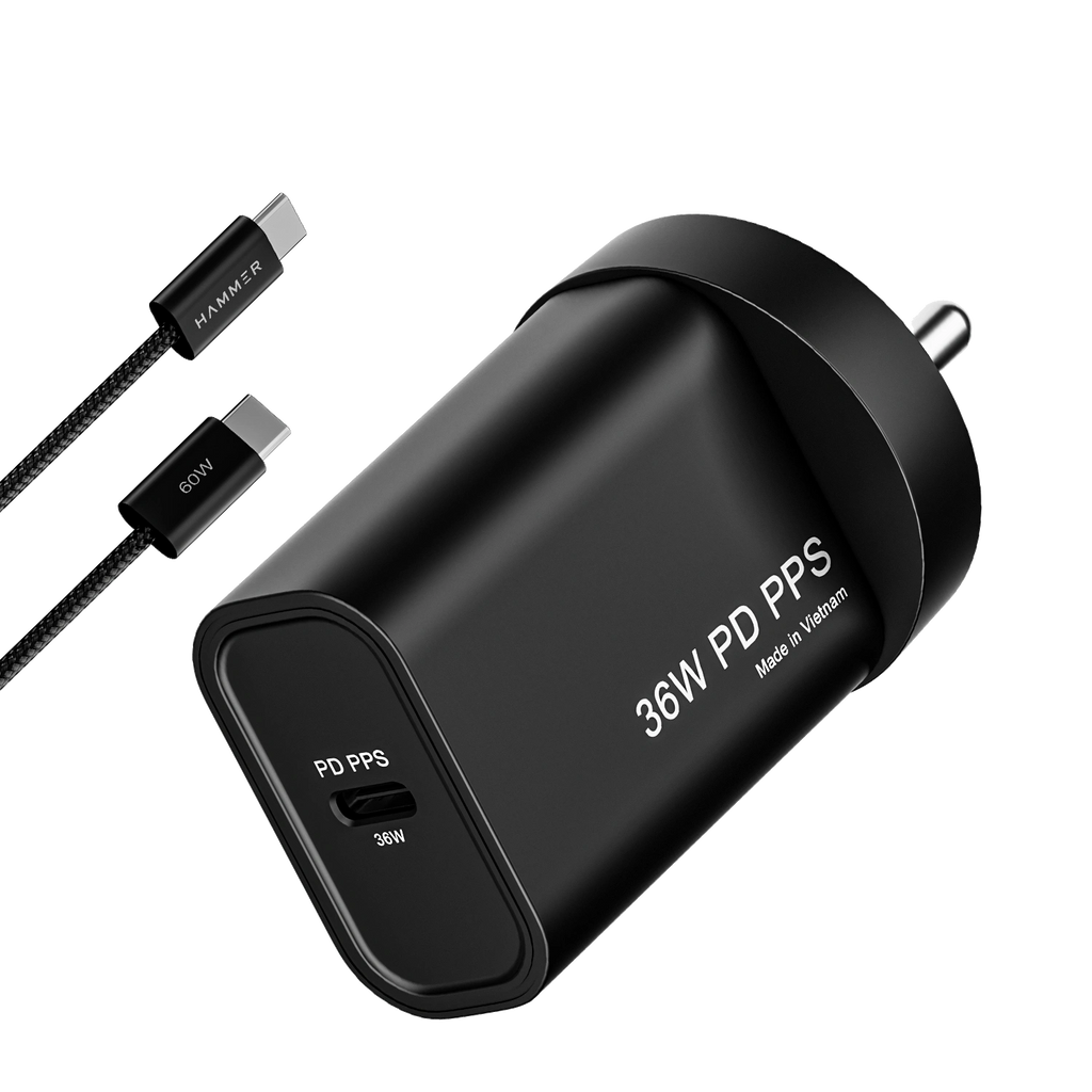 Hammer 36W Fast GaN Charger, Dual USB-C, Compatible with iPhone, Samsung Mobiles & Laptop, With C to C Cable (Black)