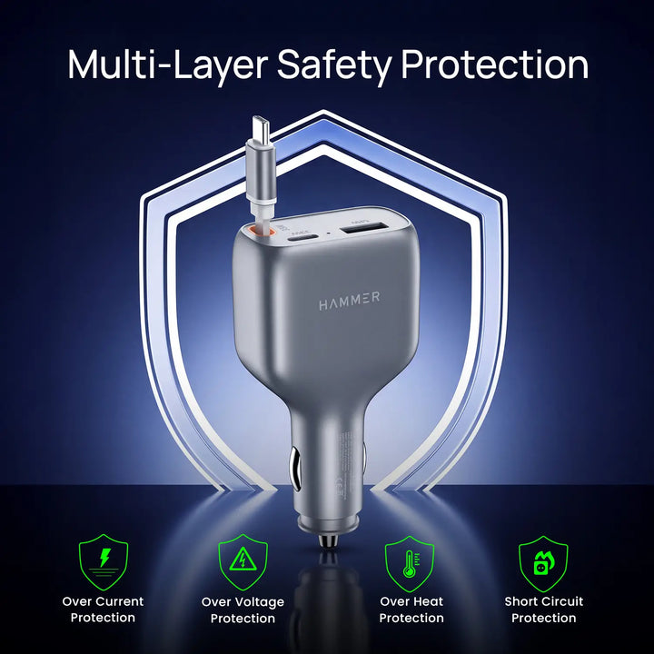HAMMER 84W 3 in 1 Car Charger, 85 cm Retractable Cable (33W Type-C PD), Dual Port (18W USB Type-A & 33W Type-C) for Laptop, Android, iPhone, Earbuds
