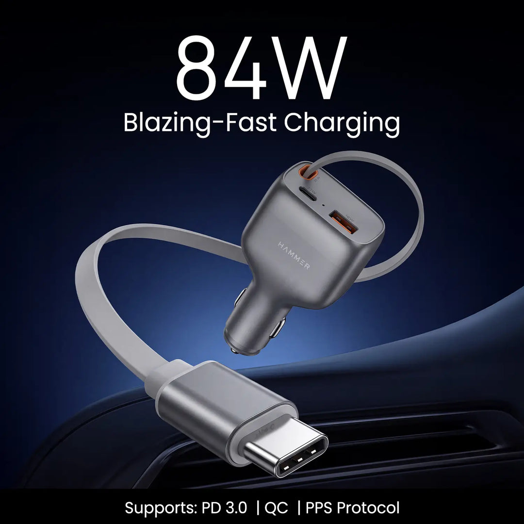 HAMMER 84W 3 in 1 Car Charger, 85 cm Retractable Cable (33W Type-C PD), Dual Port (18W USB Type-A & 33W Type-C) for Laptop, Android, iPhone, Earbuds