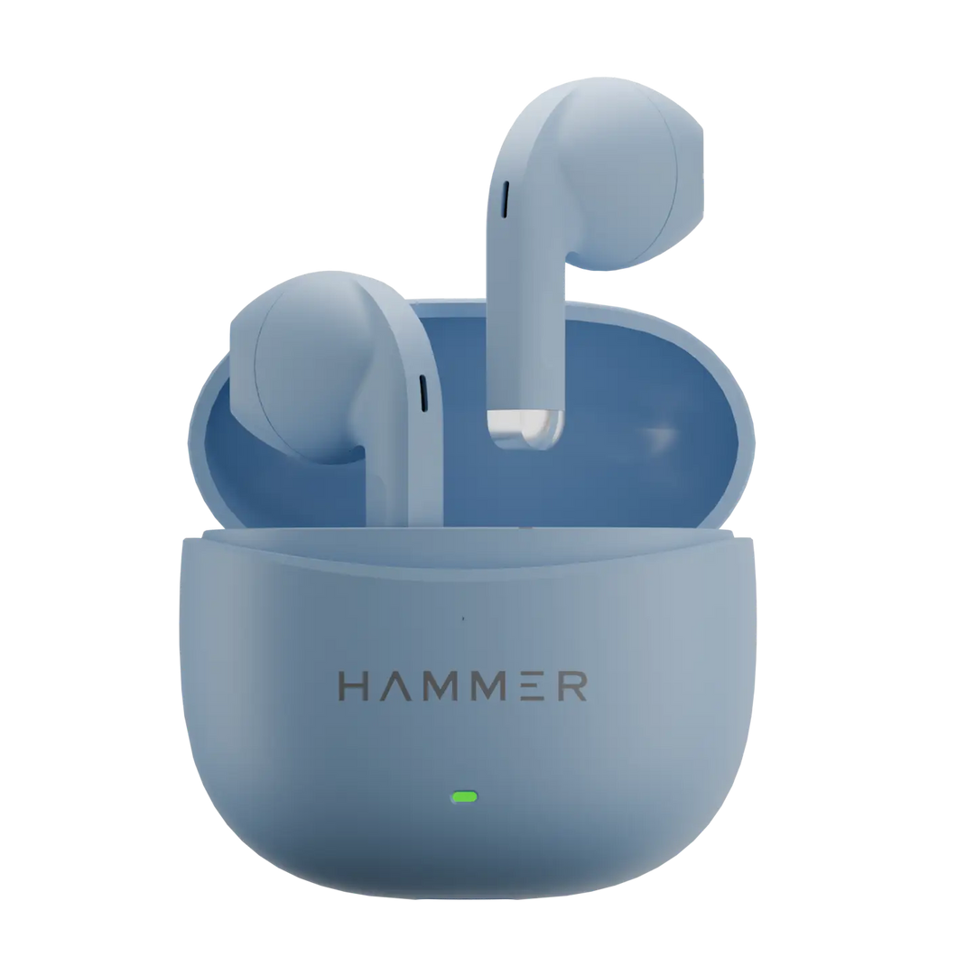 Blue wireless earbuds in a charging case