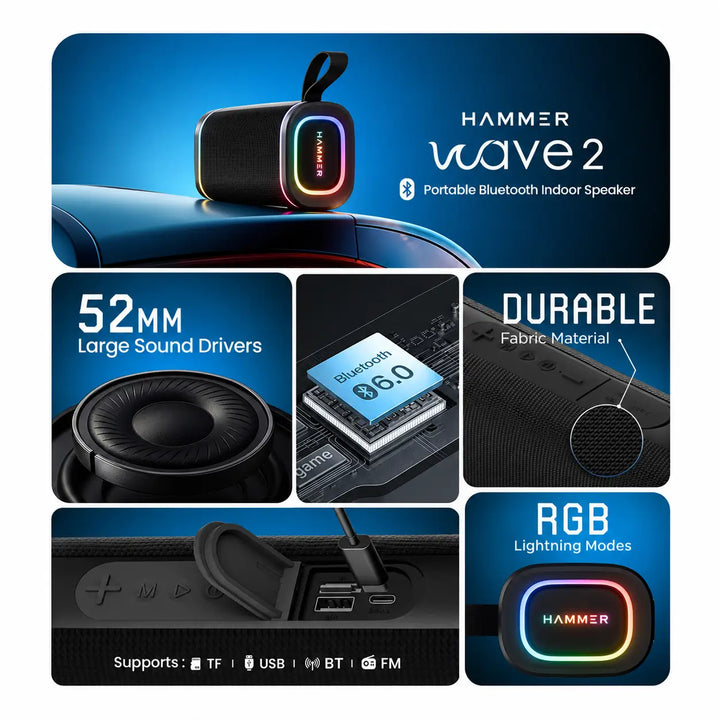 Hammer Wave 2 Bluetooth Speaker 20W RMS with Deep Bass, RGB Lights, Dual Pairing (Black)