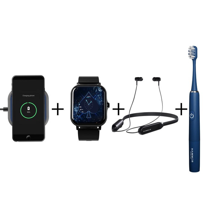 Hammer Flex Charger| Pulse Ace Smartwatch| Sting Lite Neckband| Flow 2.0 Blue Toothbrush (Combo of 4)